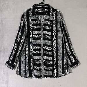 Multiples Sz L Silky Button Blouse Black White Animal Print Vertical Stripes